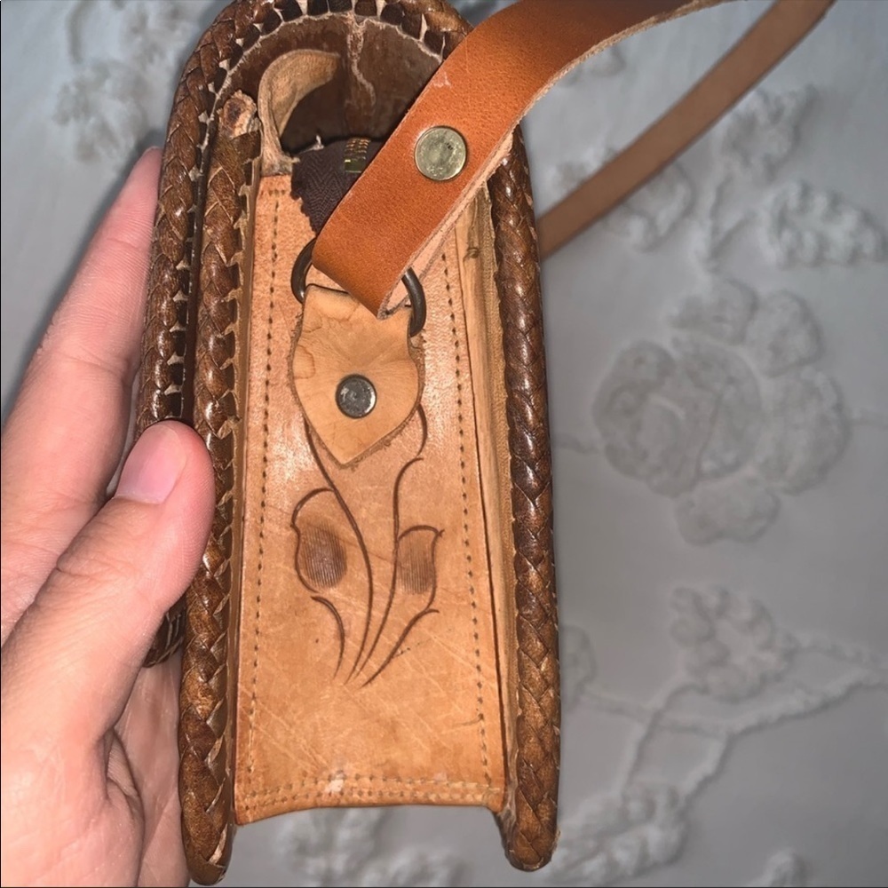 Vintage Tooled Leather Floral Shoulder Bag Turn Lock Closure Braided Accents - Picture 3 of 8